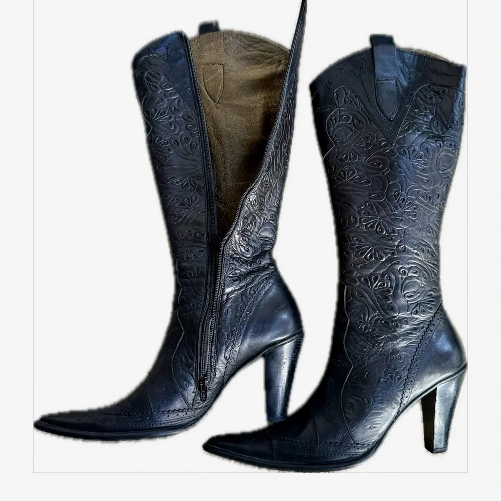 Genuine Leather Embroidered Black Tall Boots – Statement Heels - Picture 12 of 17